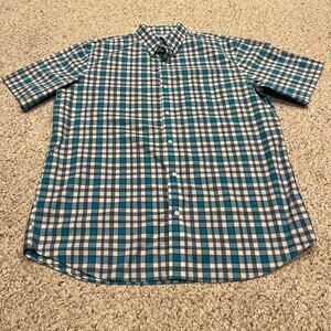LL Bean Traditional Fit Short Sleeve Button Down Shirt Sz L Plaid Blue Casual